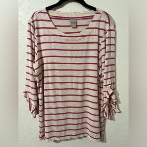 ❄️ ⛄️ Chico’s crème blouse with pink stripes. 3/4 sleeves with ruffles ends 2